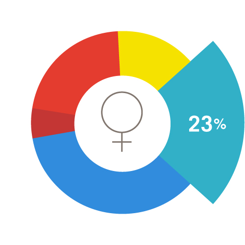 Un gráfico circular que representa a todas las mujeres en edad reproductiva, con una cuña verde turquesa del 23% enfatizada.