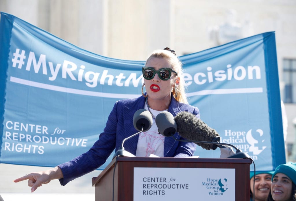 Busy Philipps, actor and author, speaks to abortion rights supporters organized by the Center for Reproductive Rights as the U.S. Supreme Court hears oral arguments in June Medical Services v. Russo on Wednesday, March 4, 2020 in Washington. (Eric Kayne/Center for Reproductive Rights)
