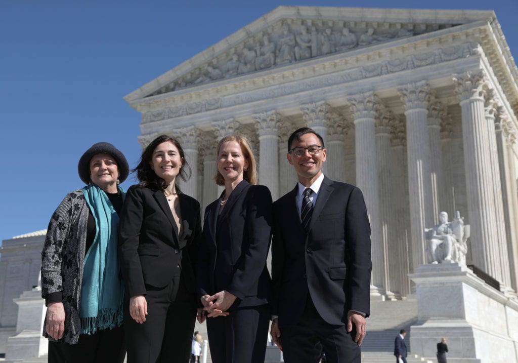 From left, Kathaleen Pittman, of Hope Medical Group for Women, Julie Rikelman, senior director of the Center for Reproductive Rights, Nancy Northrup, center president, and T.J. Tu, the center's senior council for U.S. litigation, stand outside the U.S. Supreme Court after oral arguments in June Medical Services v. Russo on Wednesday, March 4, 2020 in Washington. (Alyssa Schukar/Center for Reproductive Rights)
