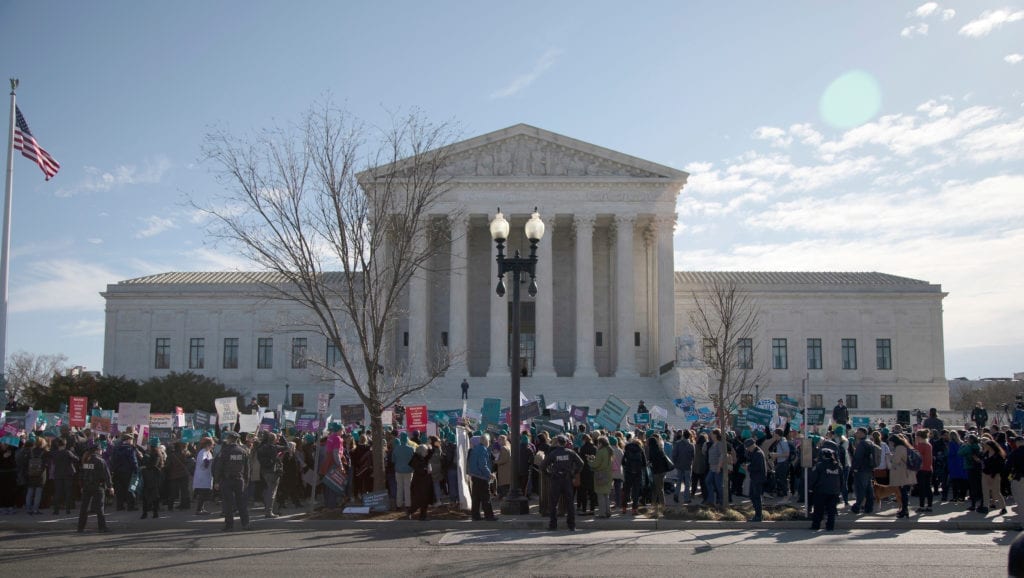Abortion rights supporters organized by the Center for Reproductive Rights rally as the U.S. Supreme Court hears oral arguments in June Medical Services v. Russo on Wednesday, March 4, 2020 in Washington. (Alyssa Schukar/Center for Reproductive Rights)
