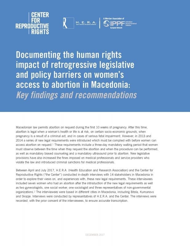 Documenting the Human Rights Impact of Retrogressive Legislative and Policy Barriers on Women’s Access to abortion in Macedonia: Key Findings and Recommendations