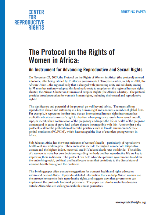 The Protocol on the Rights of Women in Africa: An Instrument for Advancing Reproductive and Sexual Rights
