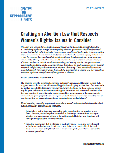 Crafting an Abortion Law that Respects Women’s Rights: Issues to Consider
