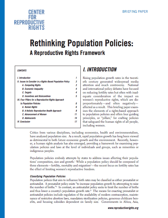 Rethinking Population Policies: A Reproductive Rights Framework