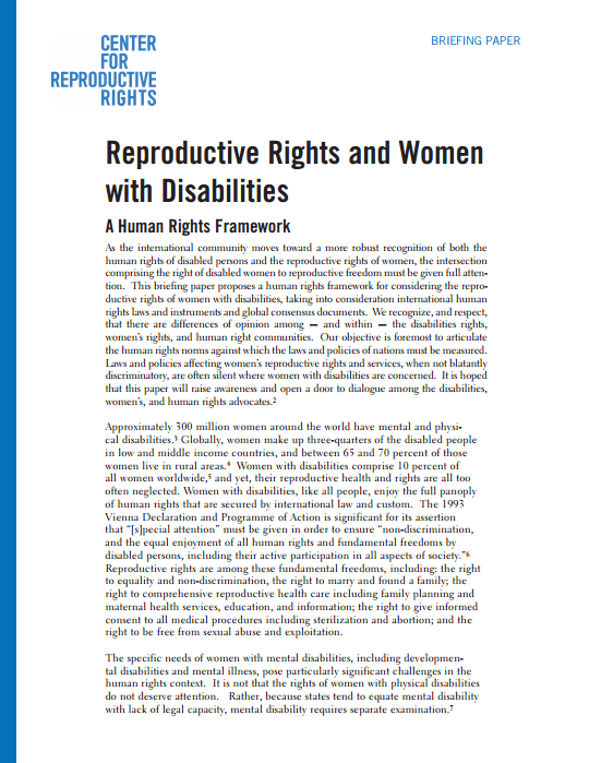 Reproductive Rights and Women with Disabilities: A Human Rights Framework