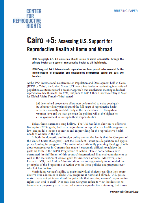 Cairo +5: Assessing U.S. Support for Reproductive Health at Home and Abroad