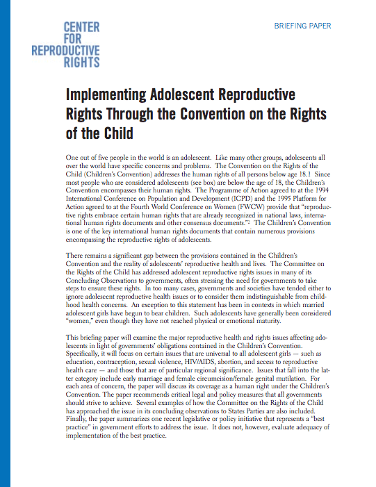 Implementing Adolescent Reproductive Rights Through the Convention on the Rights of the Child