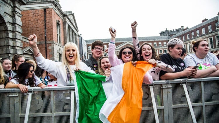 Pro-Choice supporters holding the Irish flag and celebrate as the results are announced to Repeal the 8th Amendment and legalize abortion in Ireland
