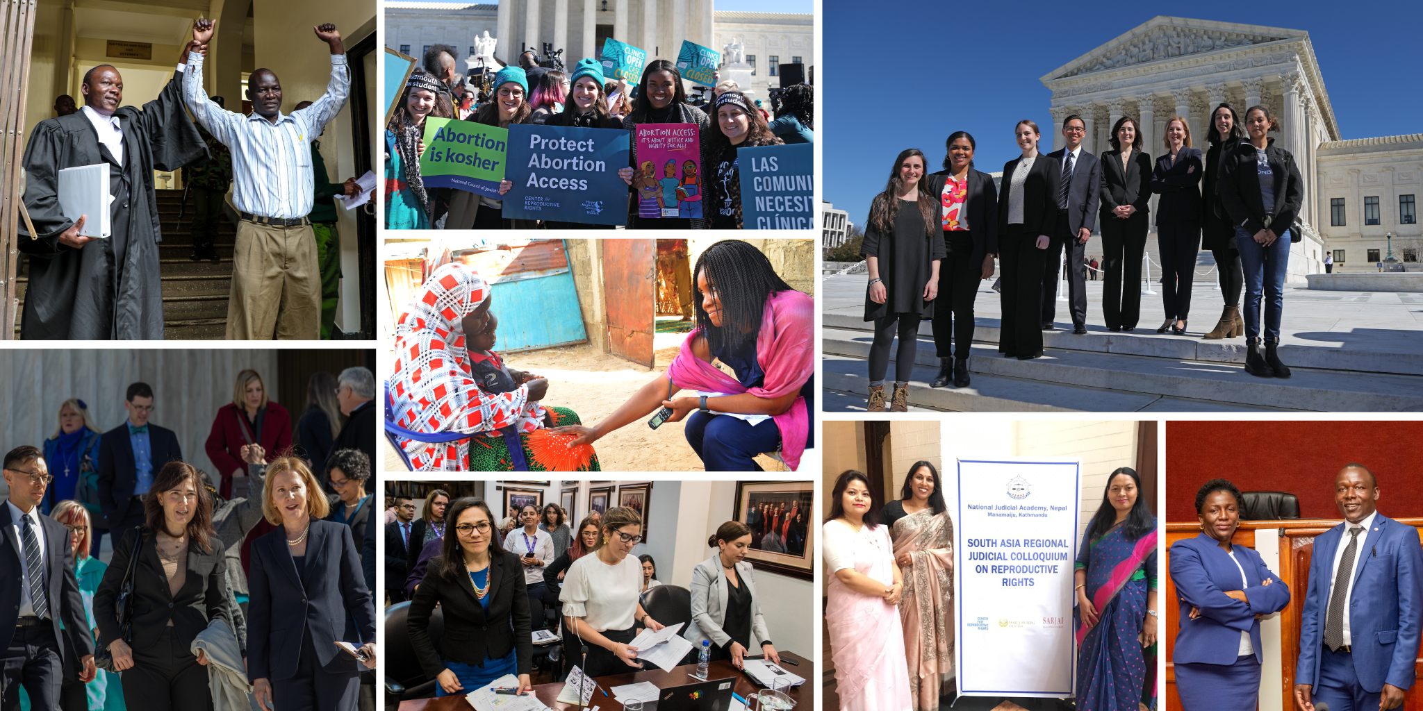 Grid-style photo showcasing different members of the Center for Reproductive Rights staff, around the world