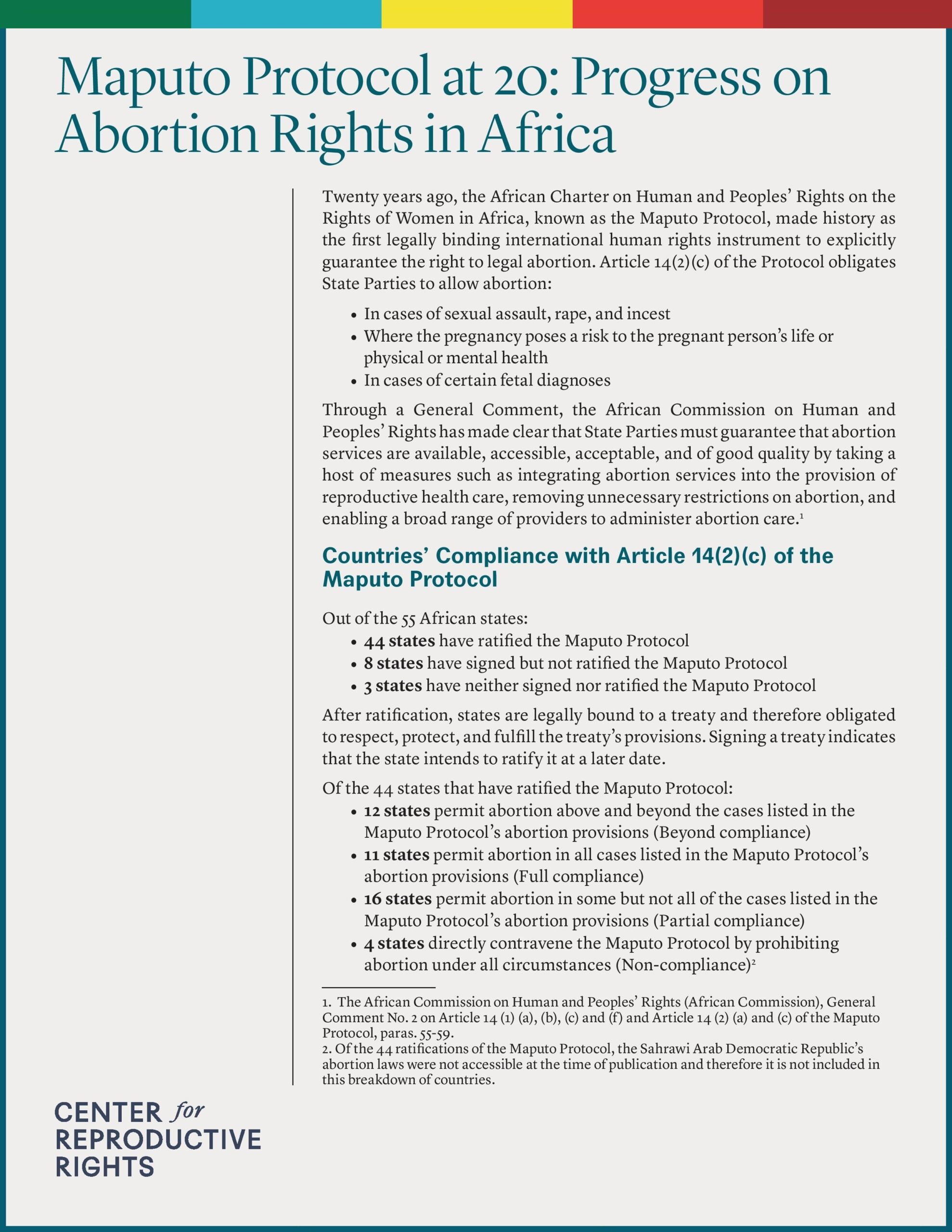 Cover of Center report, "Maputo Protocol at 20: Progress on Abortion Rights in Africa"