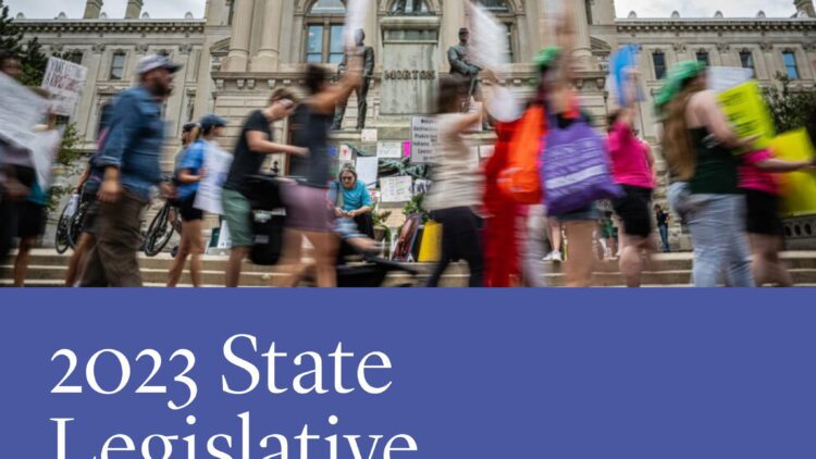 Cover of 2023 state legislative wrap up report showing protestors with rally signs in front of a government building