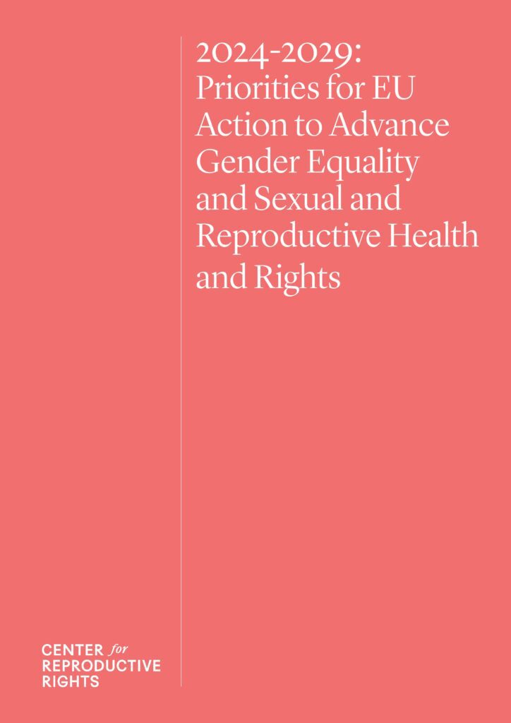 Cover of a Center fact sheet titled "2024-2029: Priorities for EU Action to Advance Gender Equality and Sexual and Reproductive Health and Rights" on a salmon pink background