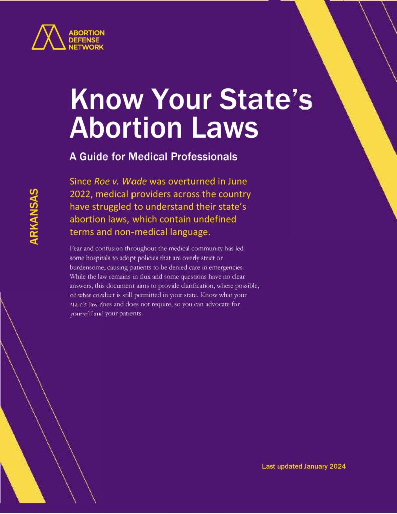 Cover of the Abortion Defense Network's "Know Your State's Abortion Laws" guide to Arkansas