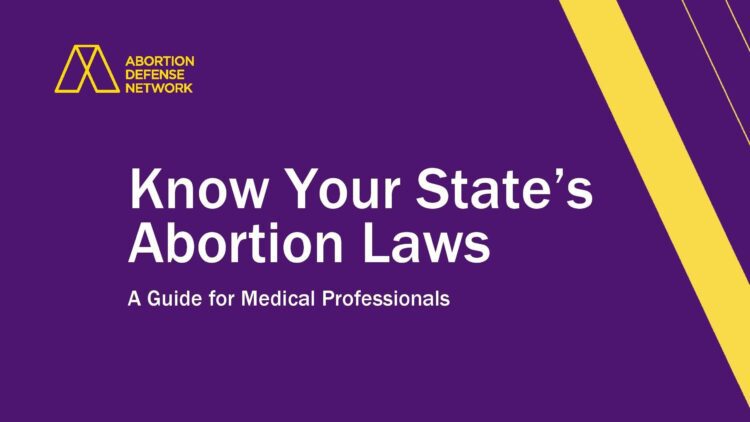 Graphic reading "Know Your State's Abortion Laws: A Guide for Medical Professionals" with the Abortion Defense Network logo