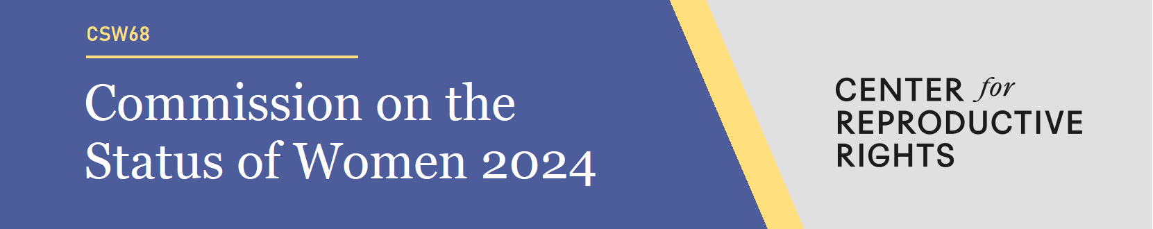 Banner graphic reading "Commission on the Status of Women 2024—Center for Reproductive Rights" with a yellow, gray, and indigo color scheme