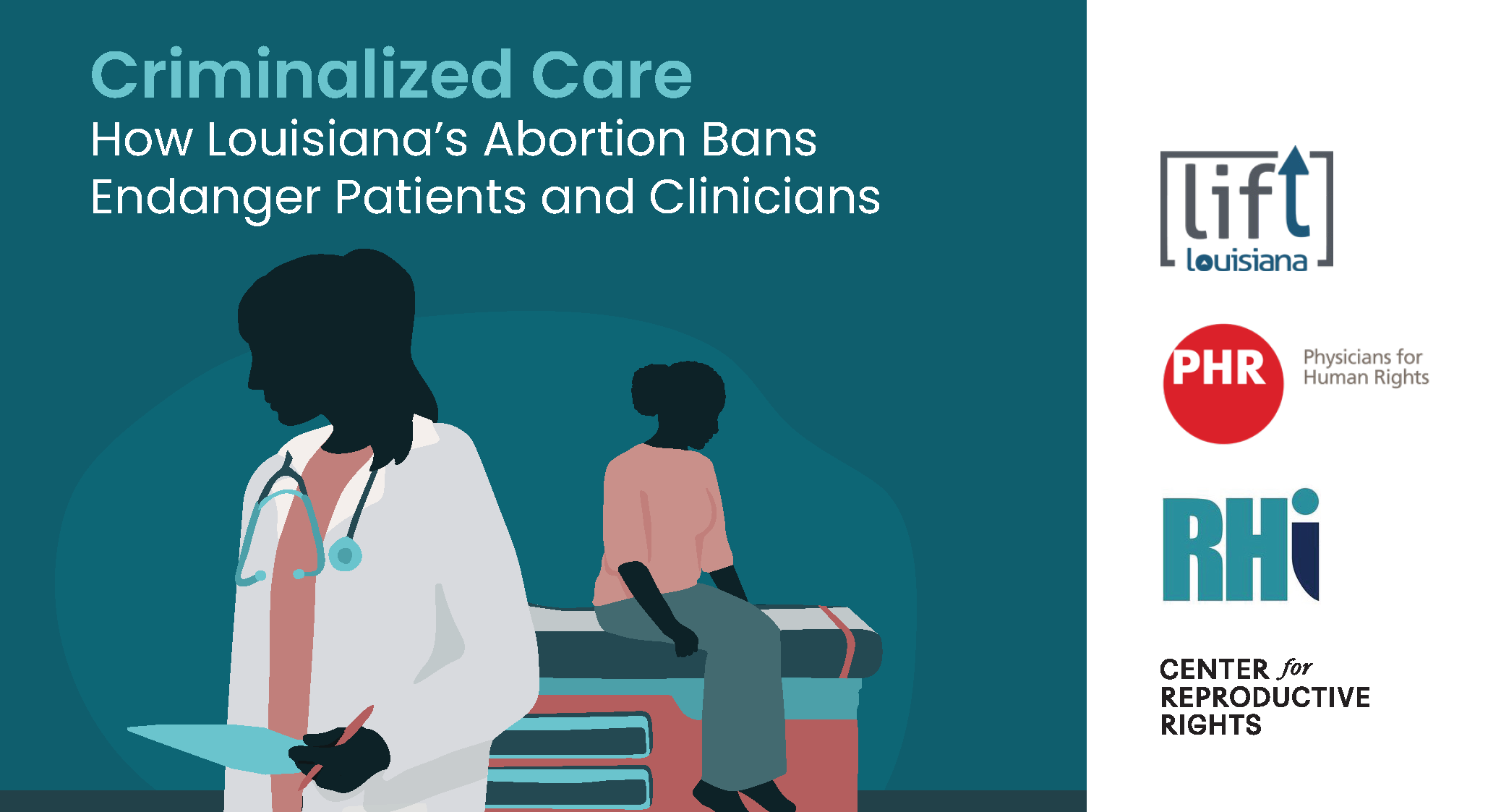 Cover of a report reading "Criminalized Care: How Louisiana's Abortion Bans Endanger Patients and Clinicians" with an illustrated graphic of a doctor and patient