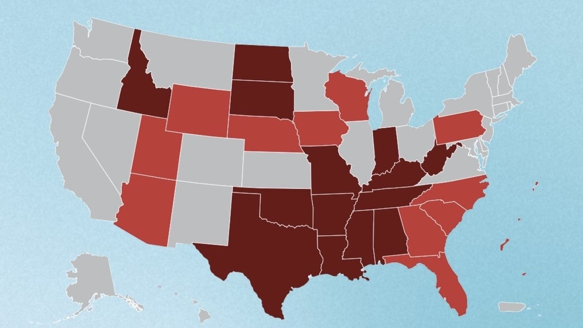 Graphic of US map with abortion-restrictive states in red