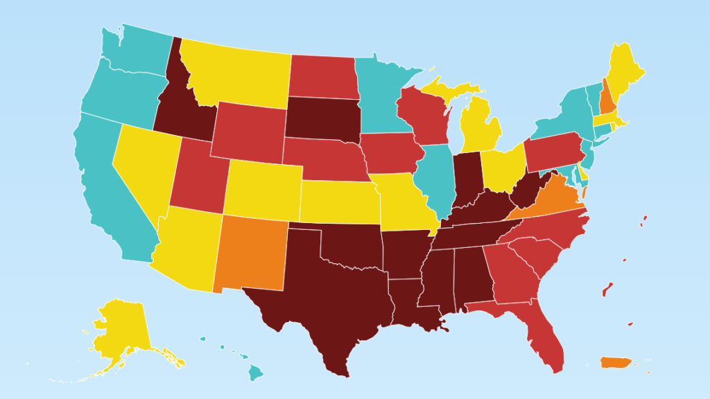 US map color-coded to show the legal status of abortion in each state