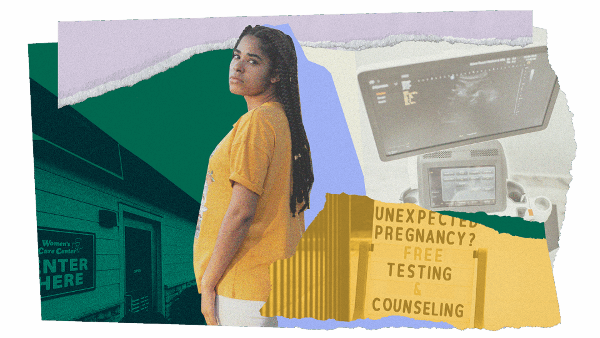 An illustrative collage featuring a person standing in front of a Crisis Pregnancy Center and signs from fake clinics
