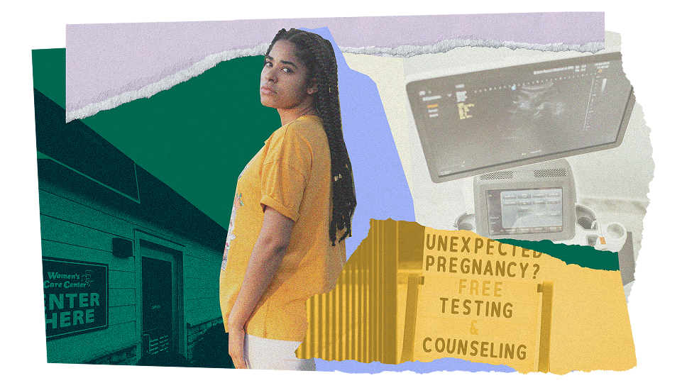 An illustrative collage featuring a person standing in front of a Crisis Pregnancy Center and signs from fake clinics