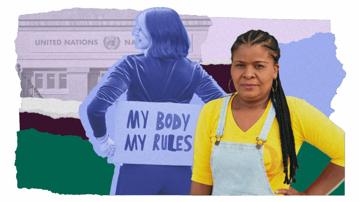 An illustrative collage of two people. One has a "my body my choice" sign