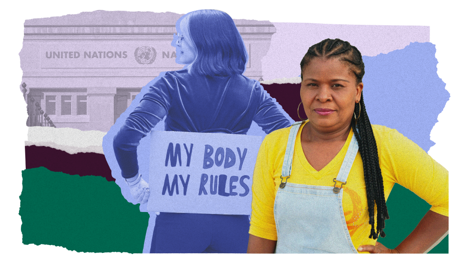 An illustrative collage of two people. One has a "my body my choice" sign