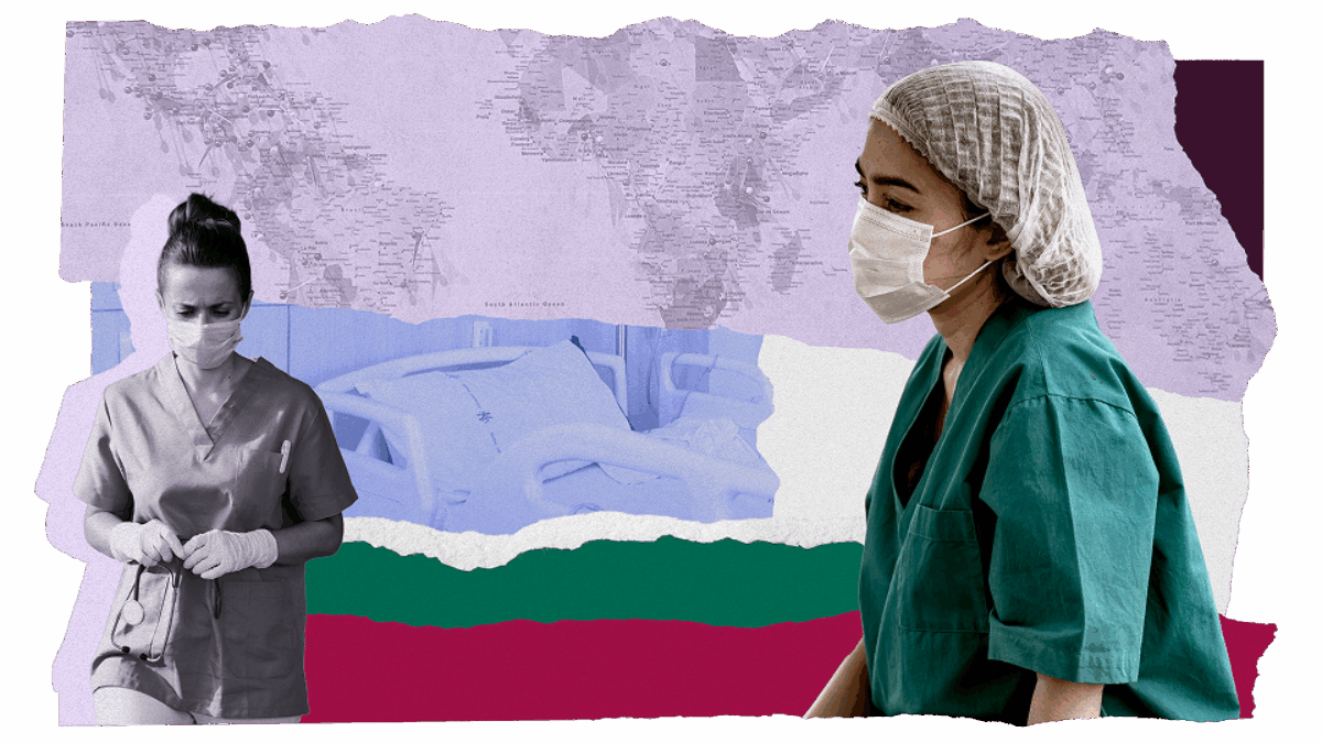 An illustrative collage of two medical professionals and a map