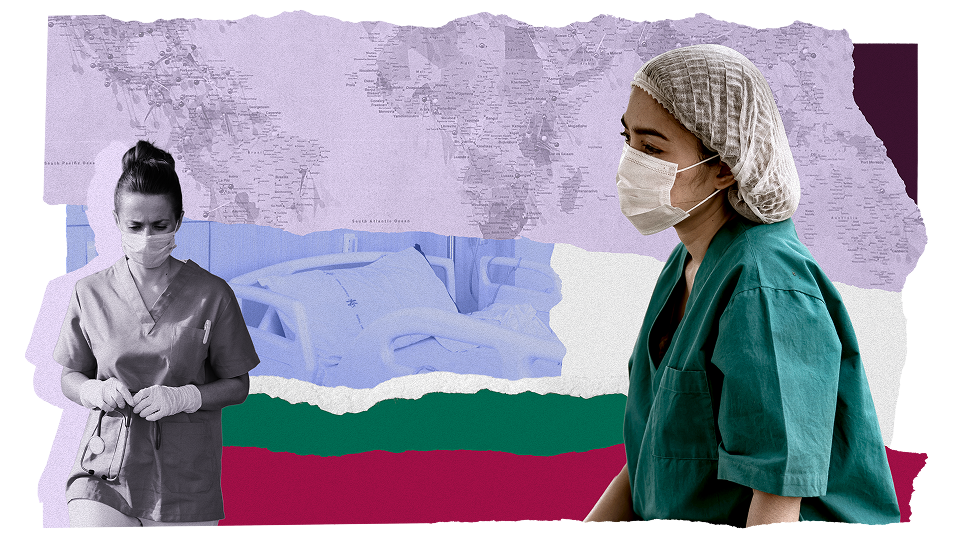 An illustrative collage of two medical professionals and a map