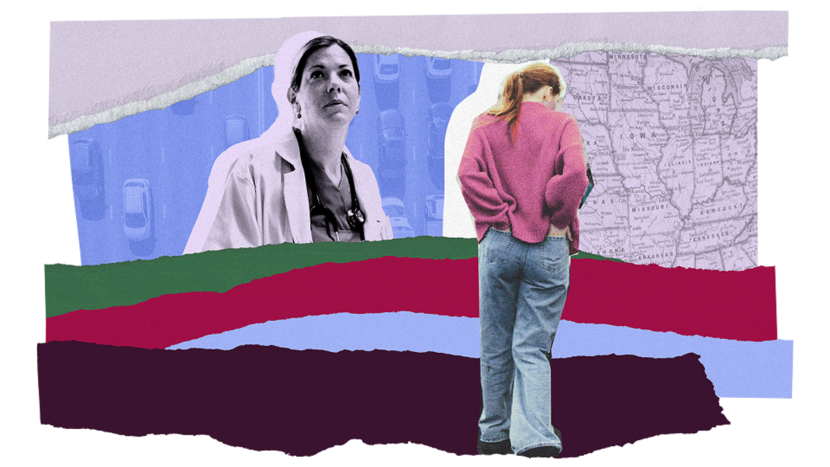 An illustrative collage featuring a medical professional and person, as well as a map