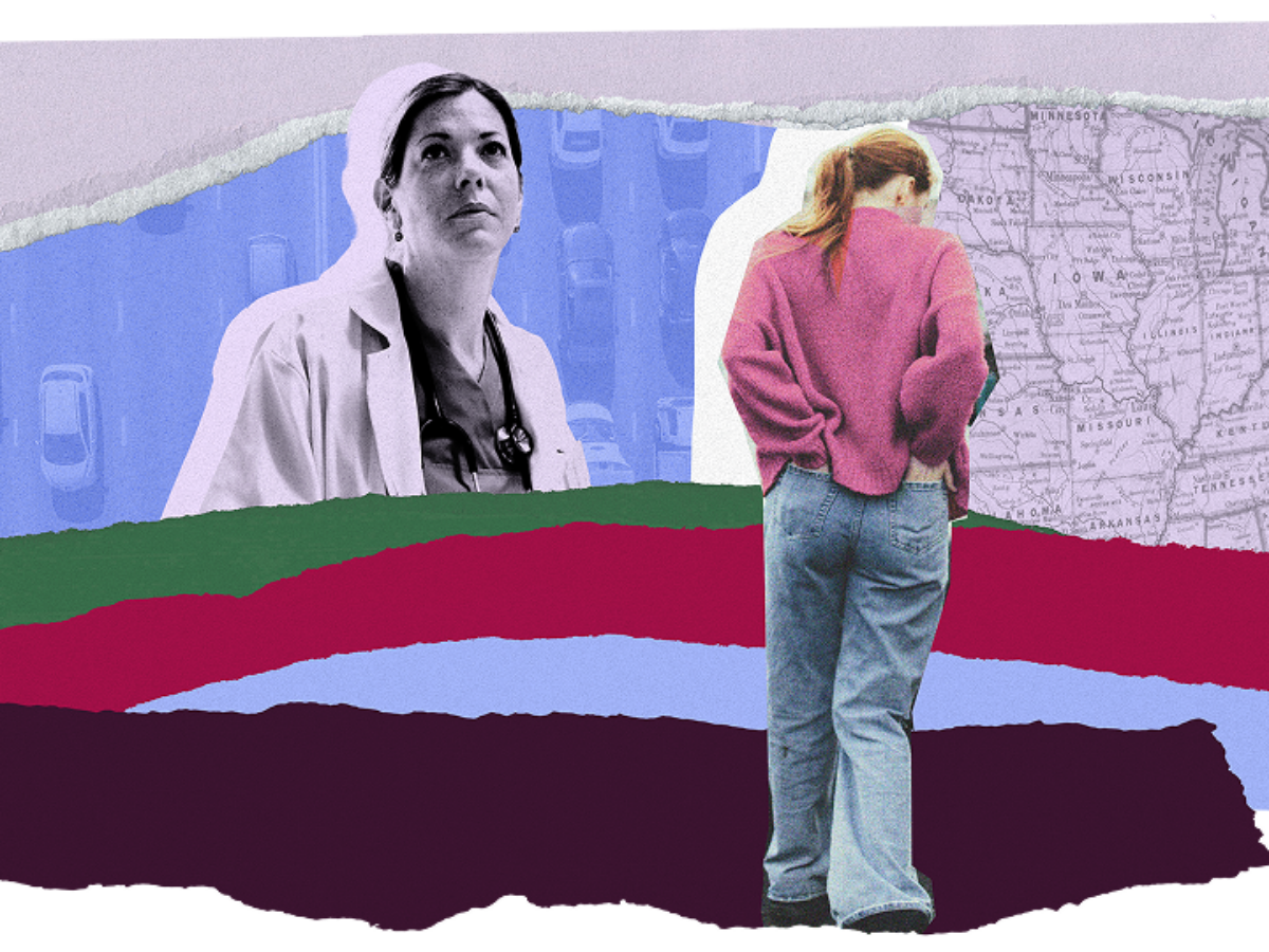 An illustrative collage featuring a medical professional and person, as well as a map