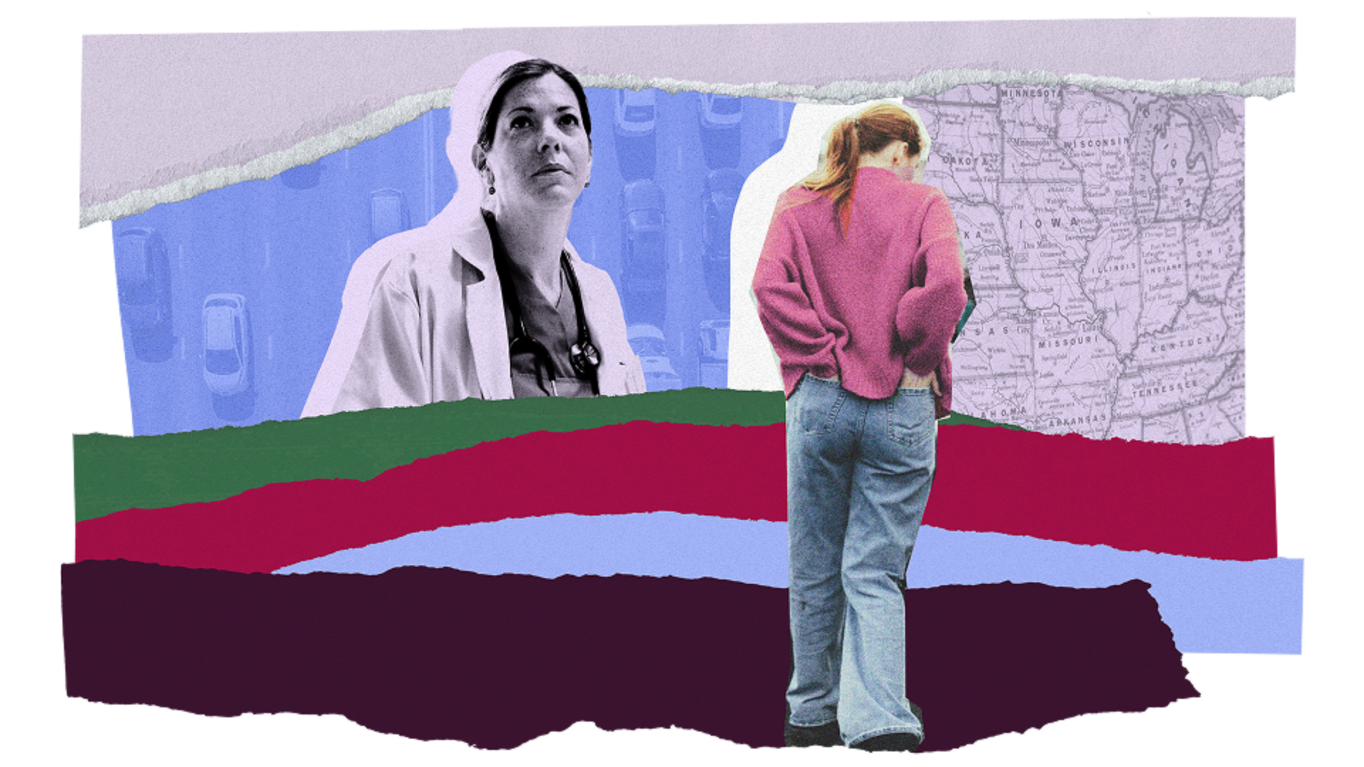 An illustrative collage featuring a medical professional and person, as well as a map