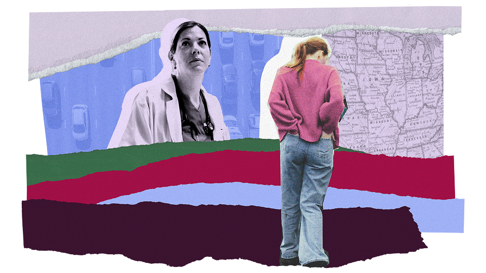 An illustrative collage featuring a medical professional and person, as well as a map