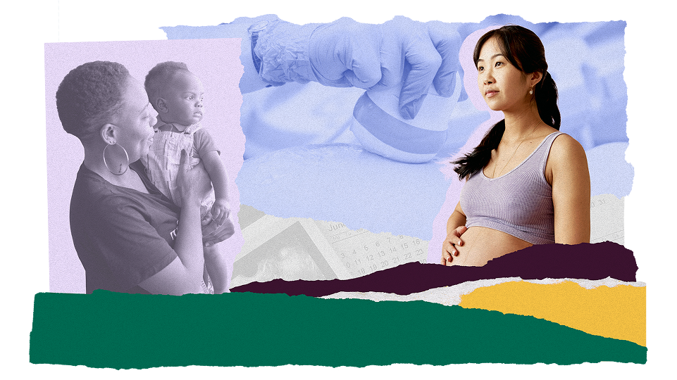 An illustrative collage of a parent holding a child and a pregnant person