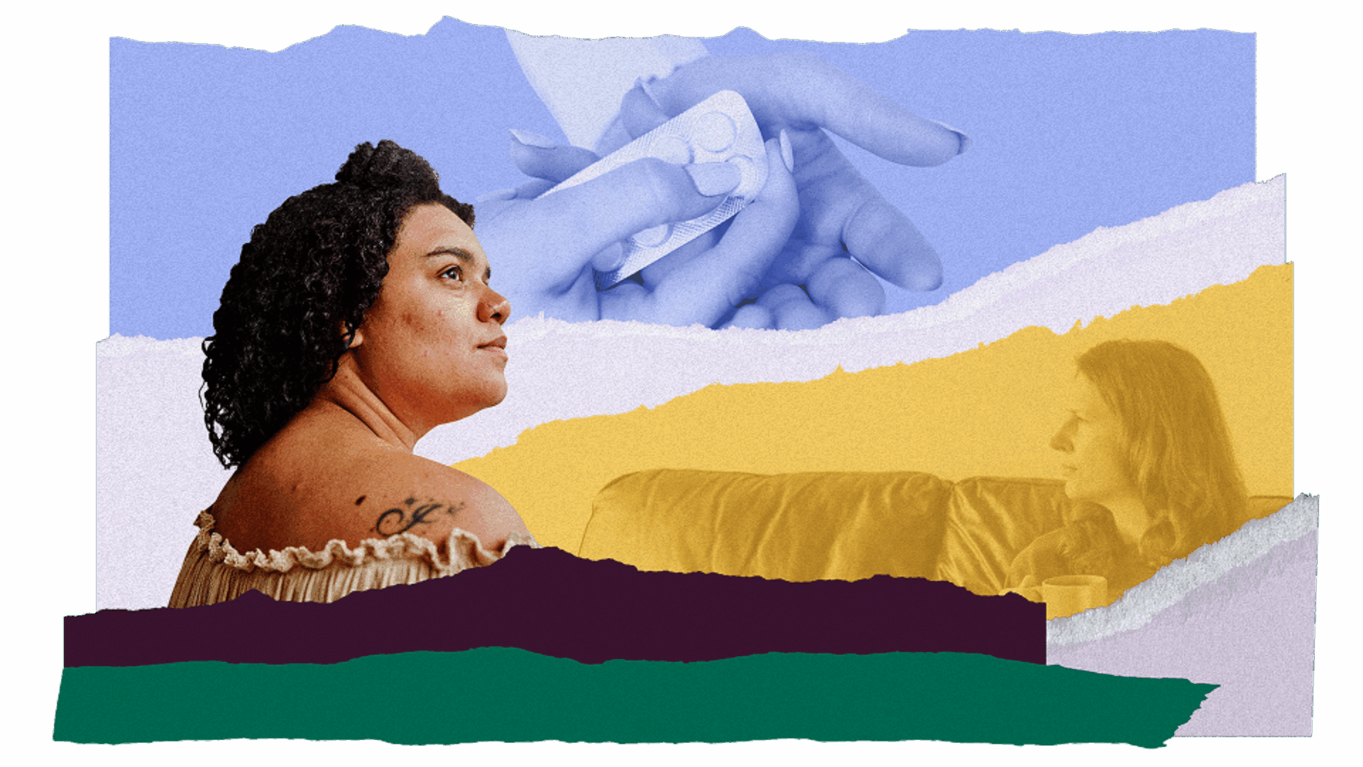 An illustrative collage of a person looking confidently, another person at home on their couch, and a pill pack