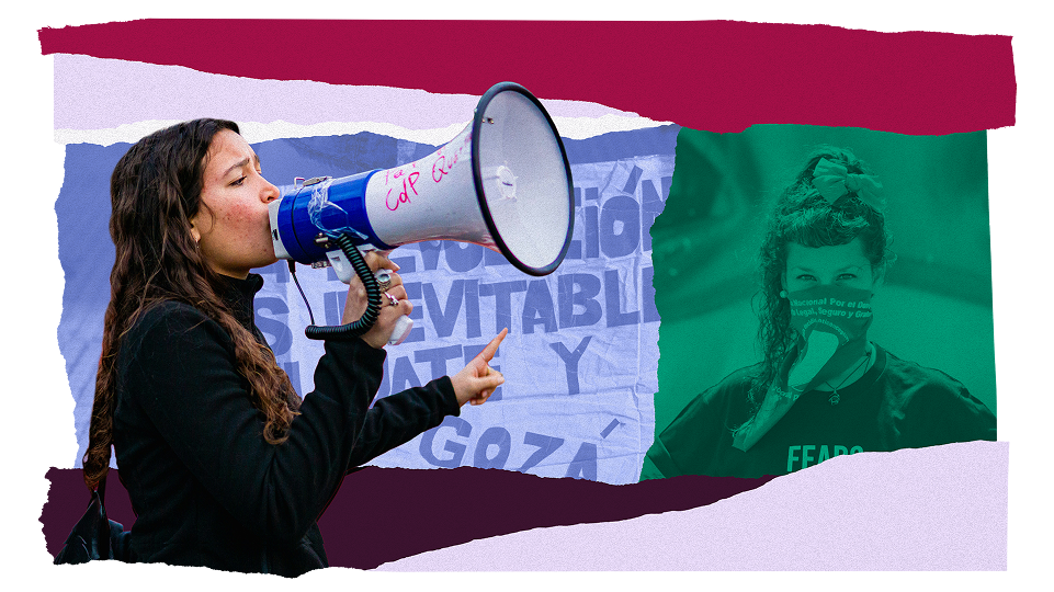 An illustrative collage showing two Latin American women, with one of them at a rally