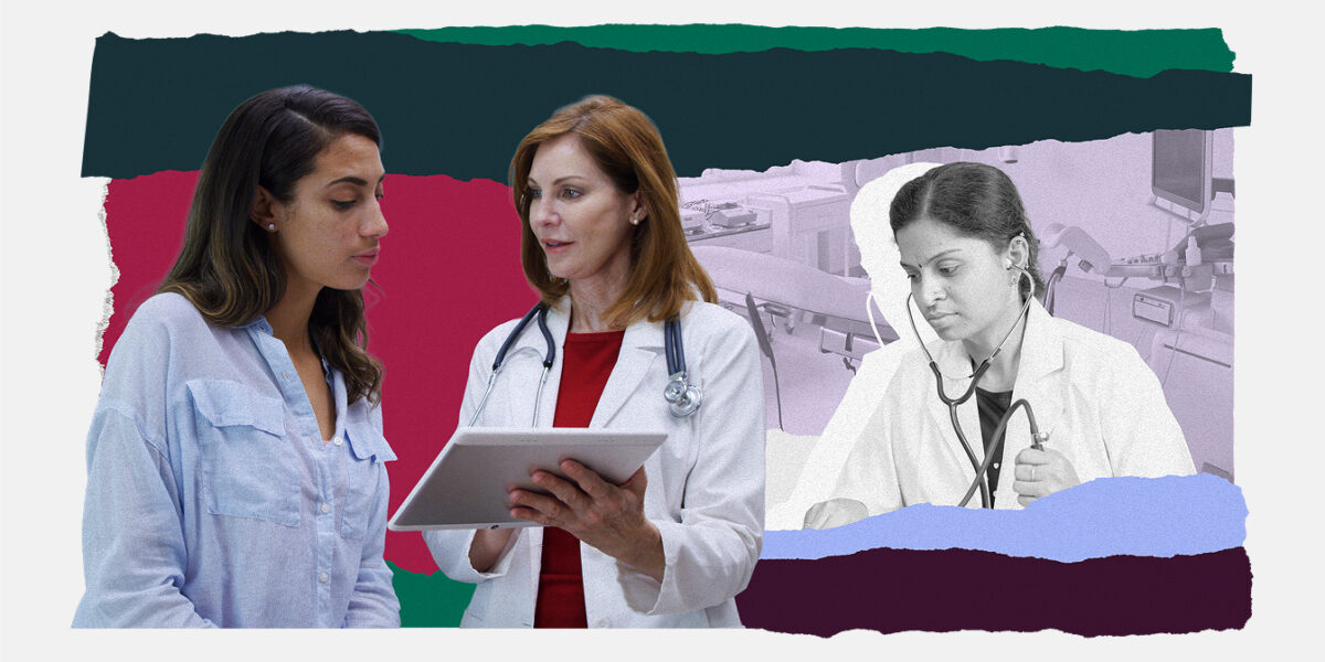 An illustrative collage of a woman with a doctor