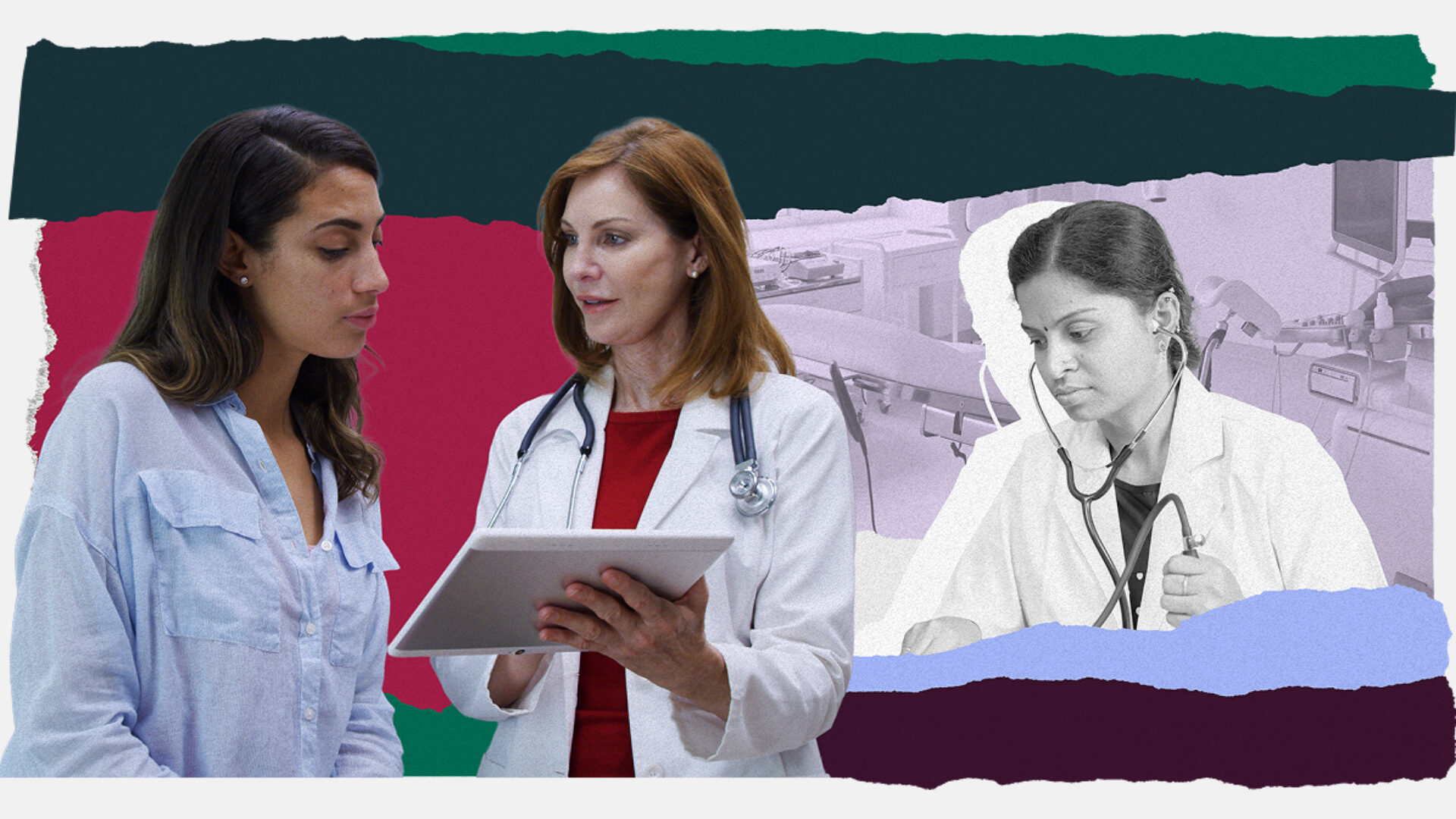 An illustrative collage of a woman with a doctor