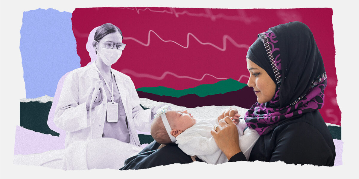 An illustrative collage of a person with a baby and a doctor