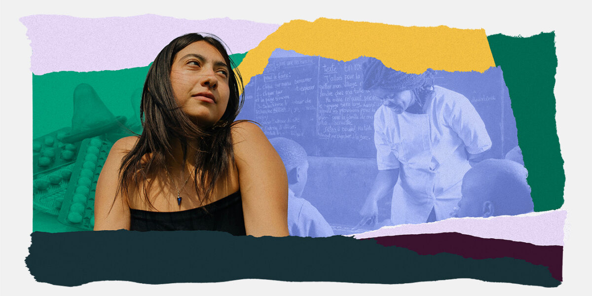 An illustrative collage of an adolescent girl and a classroom with teachers and students