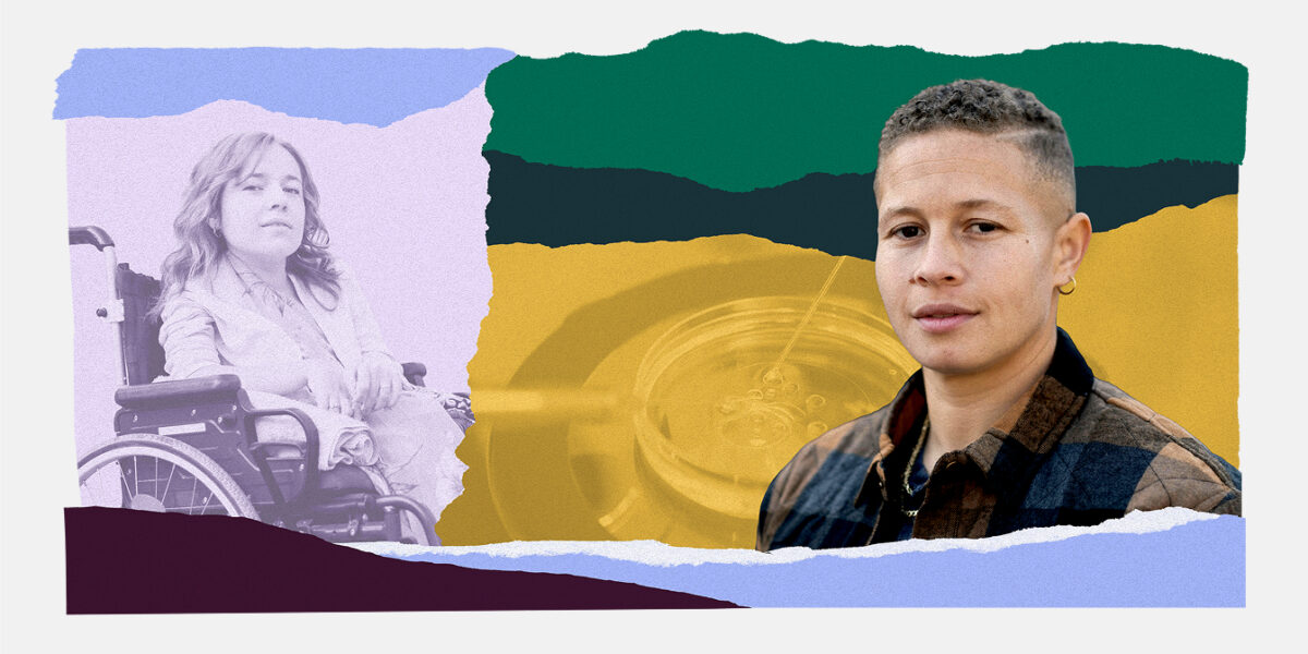 An illustrative collage of two people, one of whom uses a wheelchair