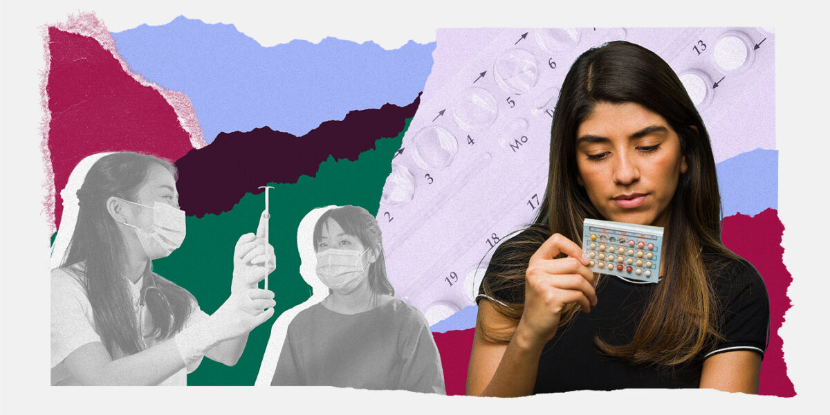 An illustrative collage of a doctor with an IUD and another person holding a pill pack