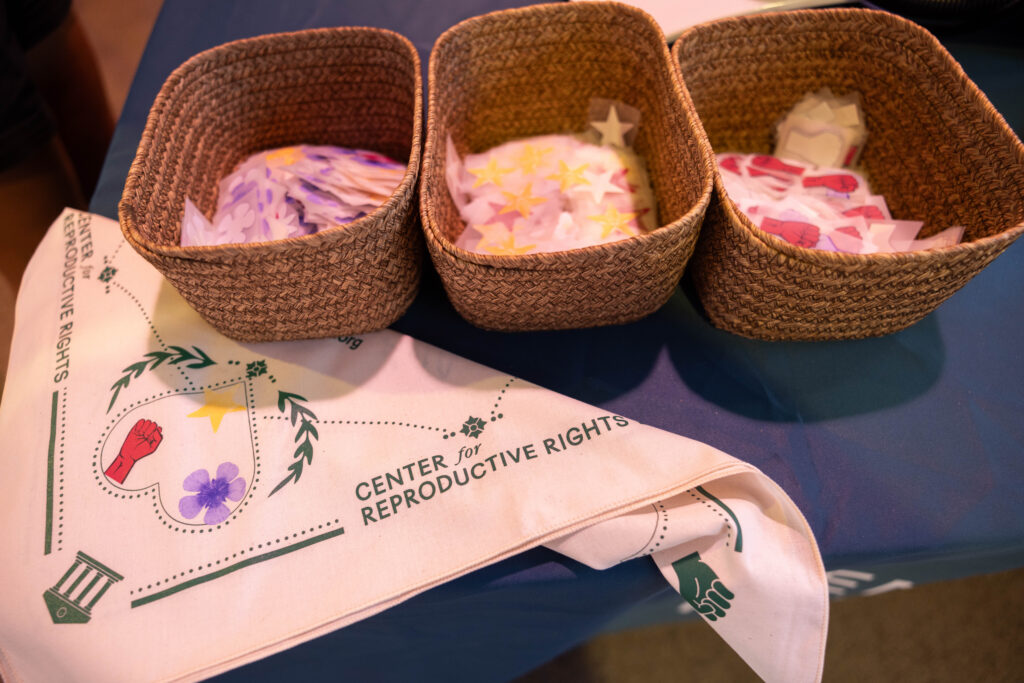 Photo of customizable Center for Reproductive Rights bandana at Daisy Chain Fields music festival.